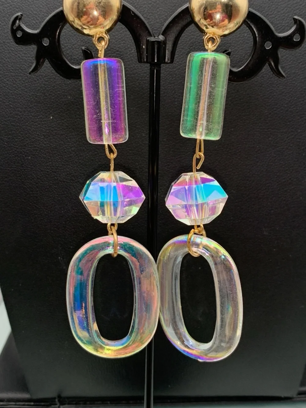 Gold tone and AB coated Iridescent Dangle Hoop Earrings - Women Jewelry